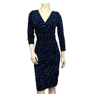 Lauren Ralph Lauren Sheath Dress Womens 10 Blue Excellent Ruched 3/4 Sleeve